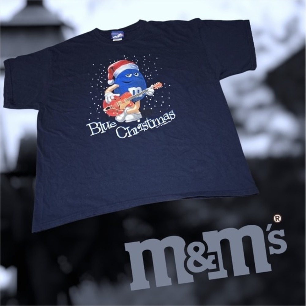 M&M's Blue Christmas T-Shirt Mens Blue M&M Guitar Graphic Navy Blue 2XL